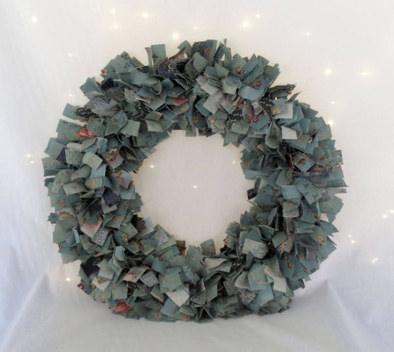 Door Hanger Celadon Green, 20 Inch Wreath 16 Inch Wire Frame Rag Wreath Rustic Wreath Shabby Decor Blue Green Wreath Wall Decor