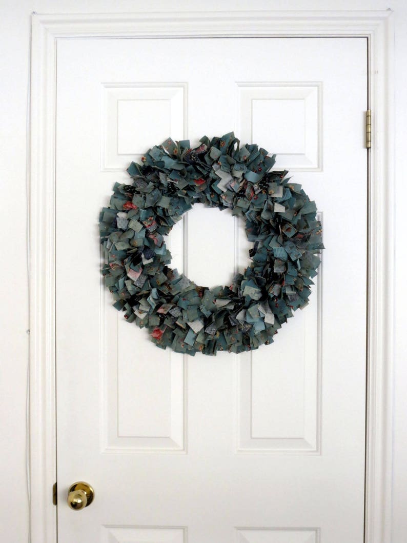 Door Hanger Celadon Green, 20 Inch Wreath 16 Inch Wire Frame Rag Wreath Rustic Wreath Shabby Decor Blue Green Wreath Wall Decor