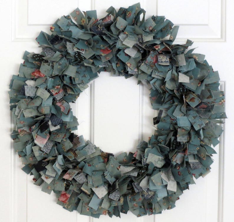 Door Hanger Celadon Green, 20 Inch Wreath 16 Inch Wire Frame Rag Wreath Rustic Wreath Shabby Decor Blue Green Wreath Wall Decor
