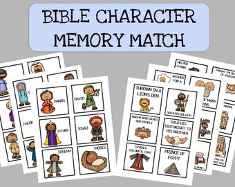 May include: A set of Bible Character Memory Match cards. Each card features a cartoon illustration of a biblical figure or event, with text labels. The cards are arranged in a stack, with the title "BIBLE CHARACTER MEMORY MATCH" at the top.