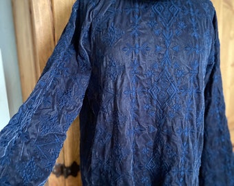 Velvet embroidered shirt new S navy brown white made in india