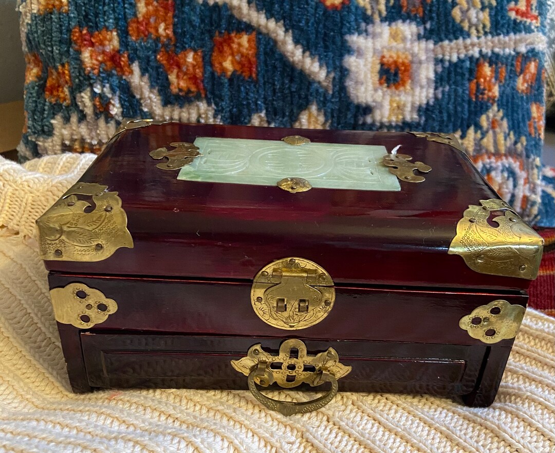Vintage Chinese Wooden Jewelry Box Wood With Jade Brass Hardware Etsy