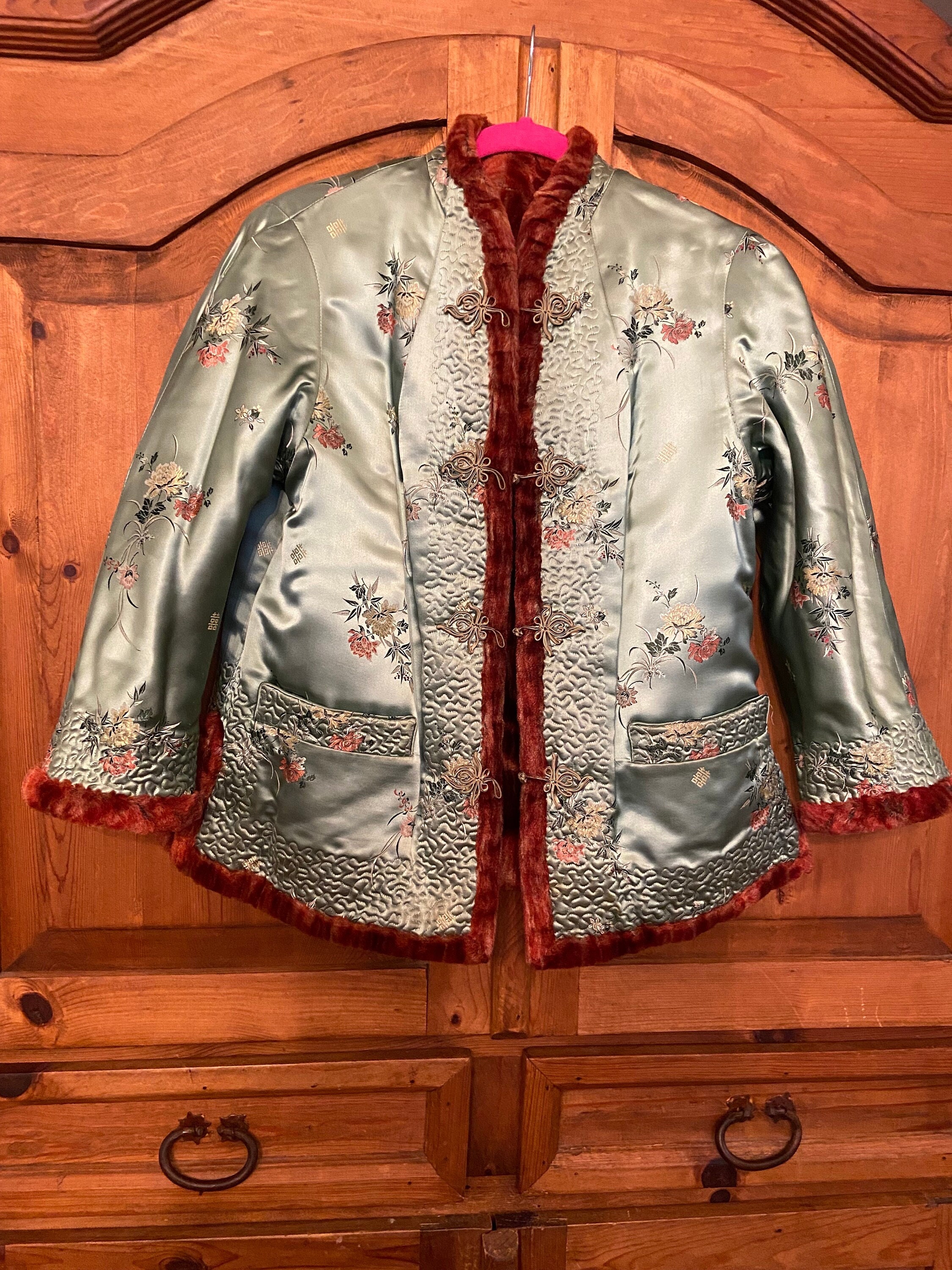 Vintage mint green and copper faux fur chinese asian brocade jacket coat womens S