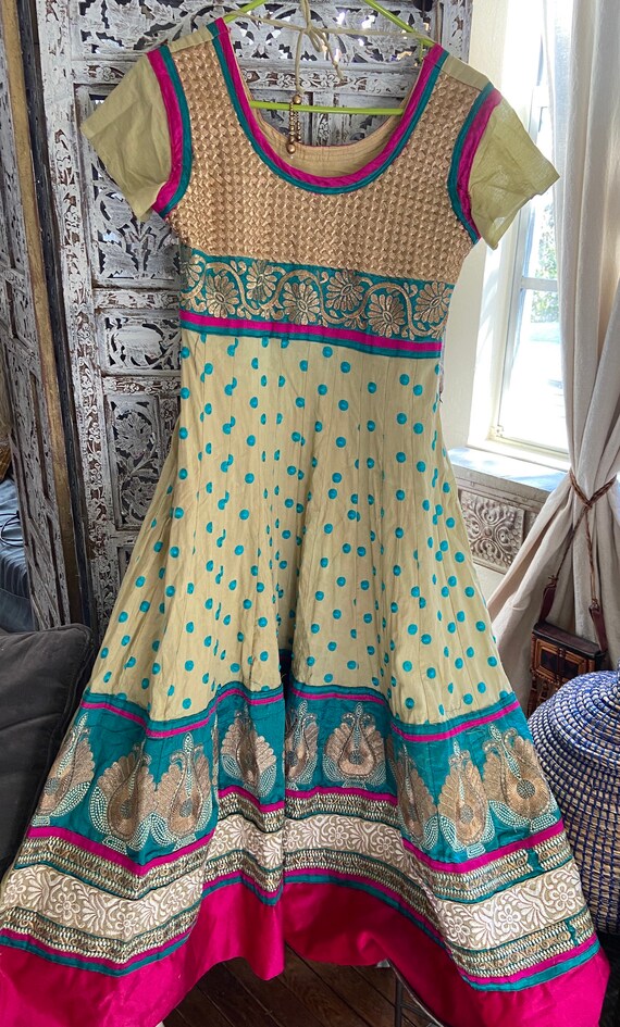 Khaki turquoise,fuschia & gold indian cotton  dre… - image 4