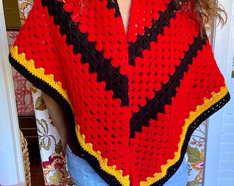 Vintage hand crocheted shawl red black tassles