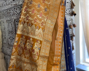 orange gold & blue sari saree long