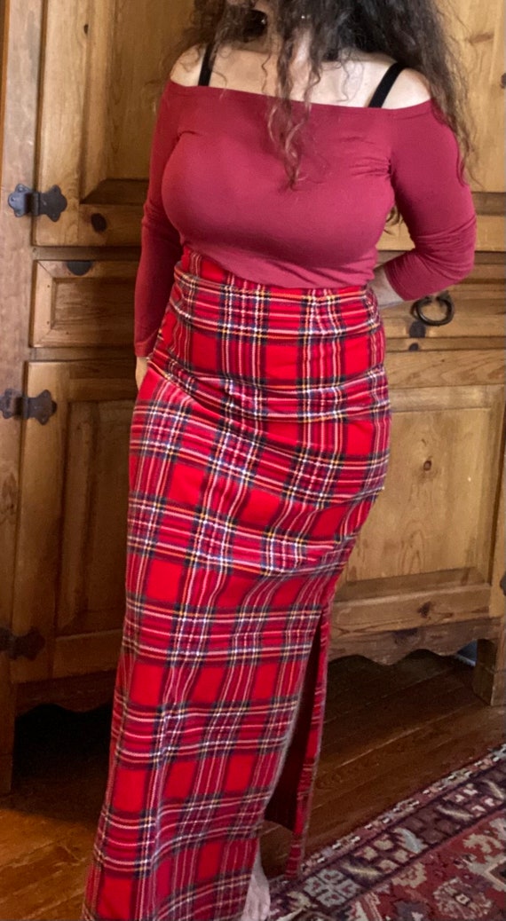 Vintage red plaid velvet maxi skirt