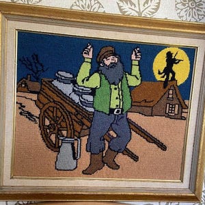 Vintage 70s Fiddler on the Roof needlepoint wall art