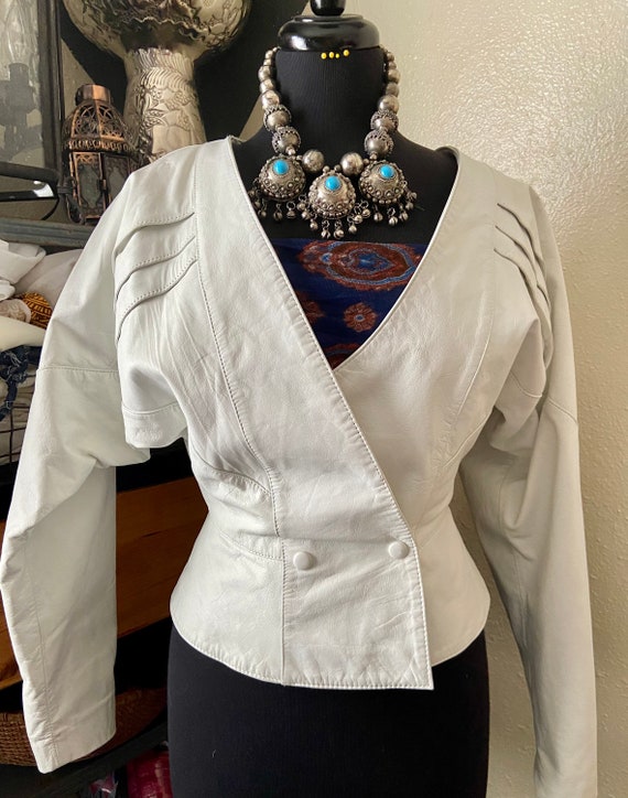 80s glam white leather jacket dolman sleeves Fab! - image 3