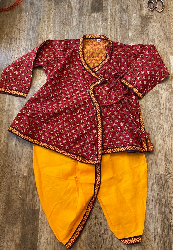 indian cotton dress kurta set red yellow for todd… - image 1