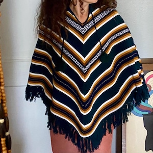 Poncho with fringe green brown white hippie festival unisex