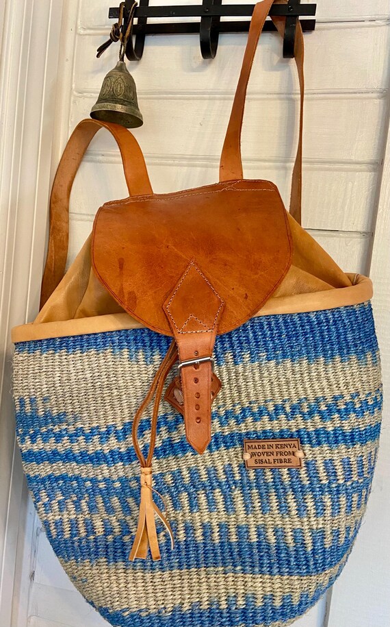 Large Kenyan African Woven Sisal Backpack With Leather Blue