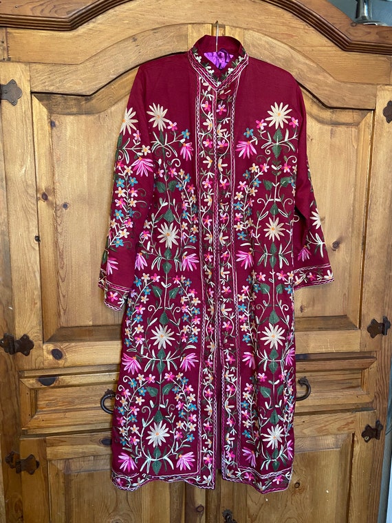 Suzani embroidered robe coat jacket cardigan wine 