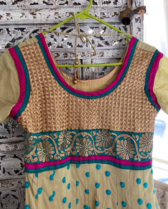 Khaki turquoise,fuschia & gold indian cotton  dre… - image 1