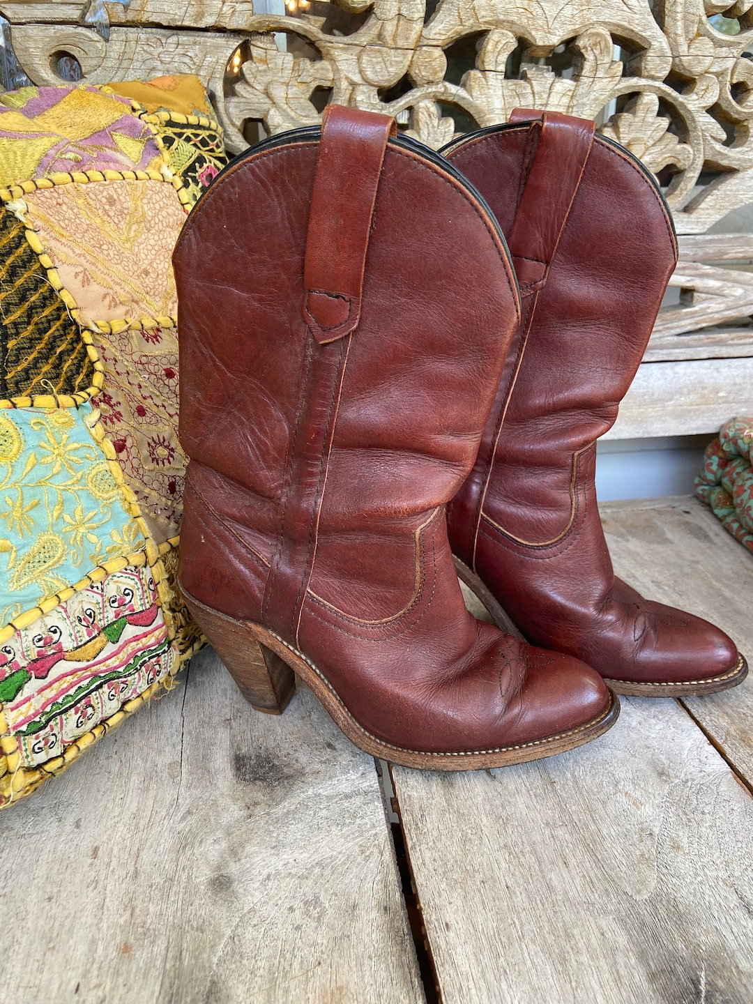 Vintage Dark Red Brown Frye Cowgirl Boots Wood Womens 6.5 - Etsy display picture 2