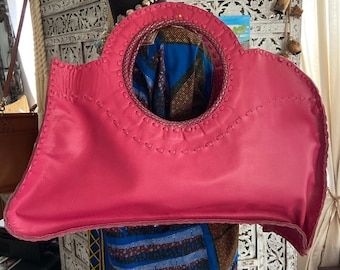 Vintage Handmade Leather Tote: Fuschia Pink Abstract Handbag Signed Llello Tsetso