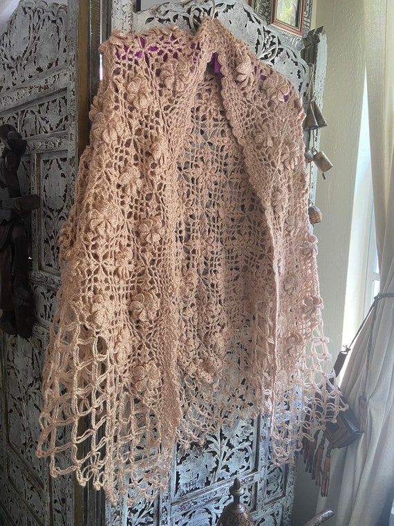 Vintage hand crocheted shawl with cape champagne c