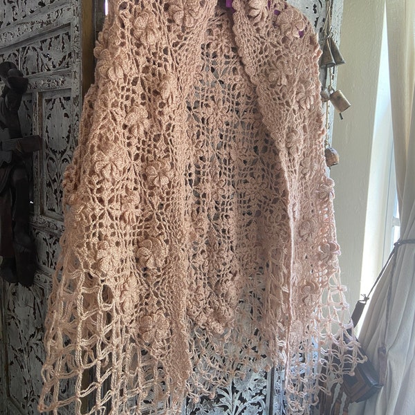 Vintage hand crocheted shawl with cape champagne cream