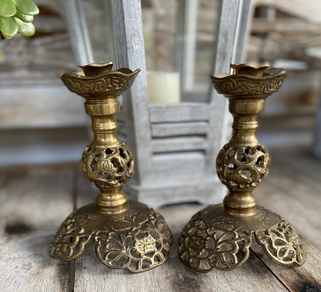 Pair of Indian Brass Candle Holders Candelabras Candle Sticks
