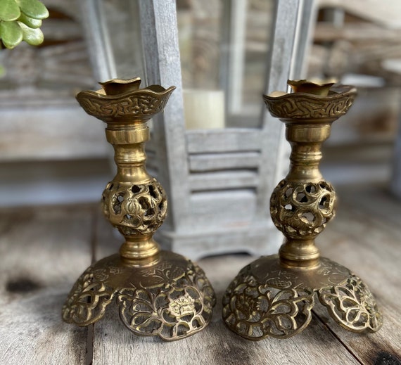Pair of Indian Brass Candle Holders Candelabras Candle Sticks Etsy