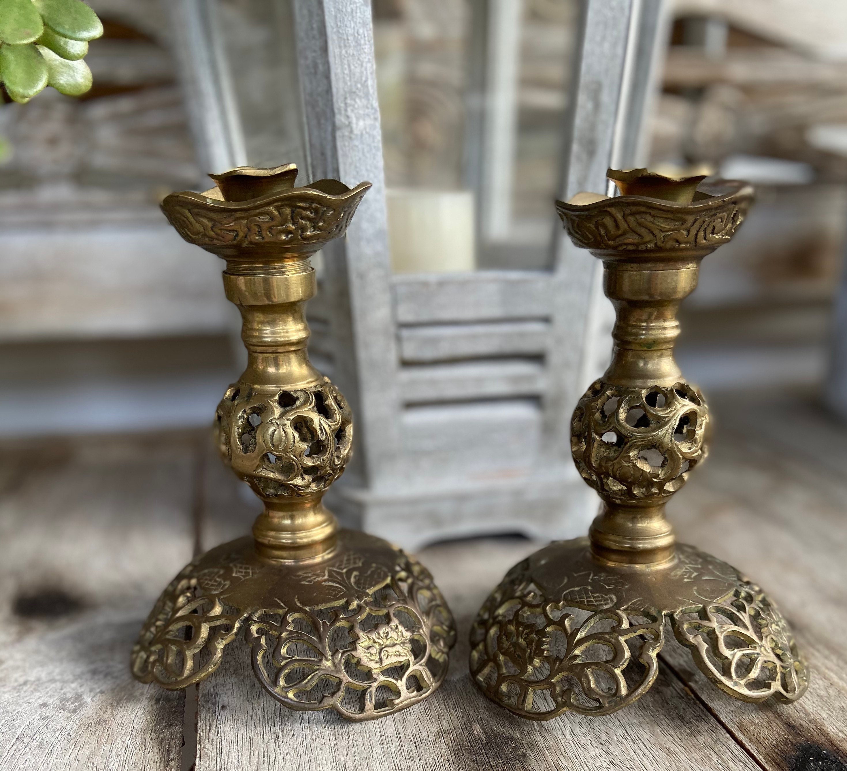 Pair of Indian Brass Candle Holders Candelabras Candle Sticks Unique 