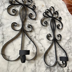 large pair of black wrought iron candelabra wall sconces boho gothic spanish revival castle farmhouse decor candle holders