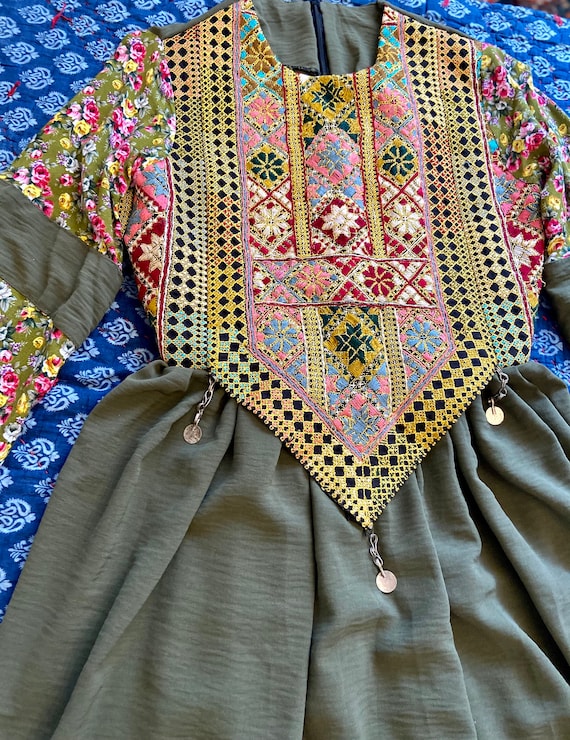 Afghanistan afghan embroidered dress olive embroid