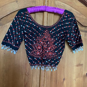 indian cotton choli top black with red beadwork,mirrors & shells wow