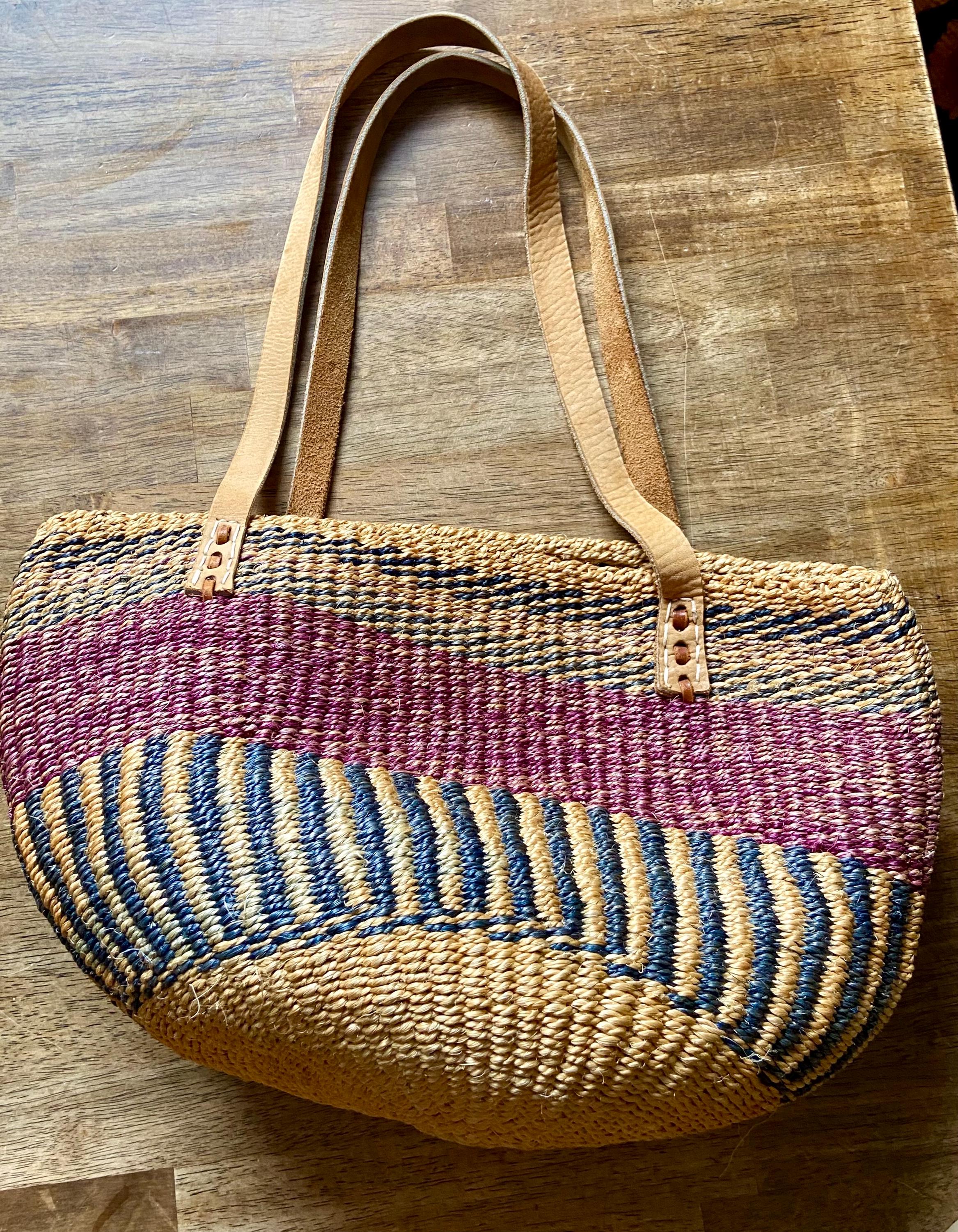Vintage 80s Handwoven Basket Sisal Leather Bag Market Bag Beach Bag Shopper Tote Etsy