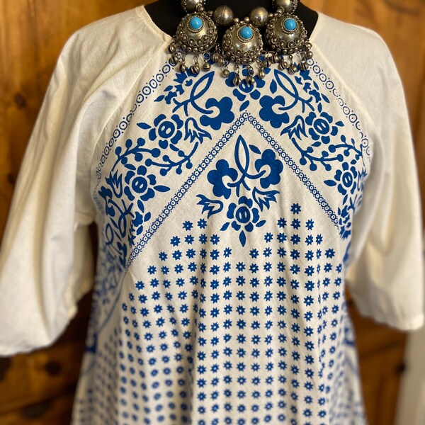 100% cotton Dashiki caftan kaftan dress white blue stars Made in Greece
