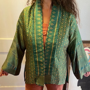 80s Vintage Thai Silk woven green jacket ikat  jacket