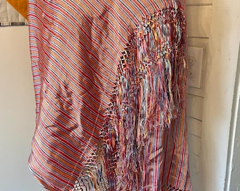 vintage multicolor silky striped wrap scarf with long fringe