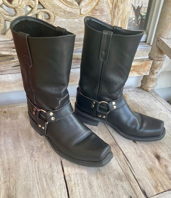 Black Leather HH Mens 12 D Motorcycle Boots Harness Ring Square
