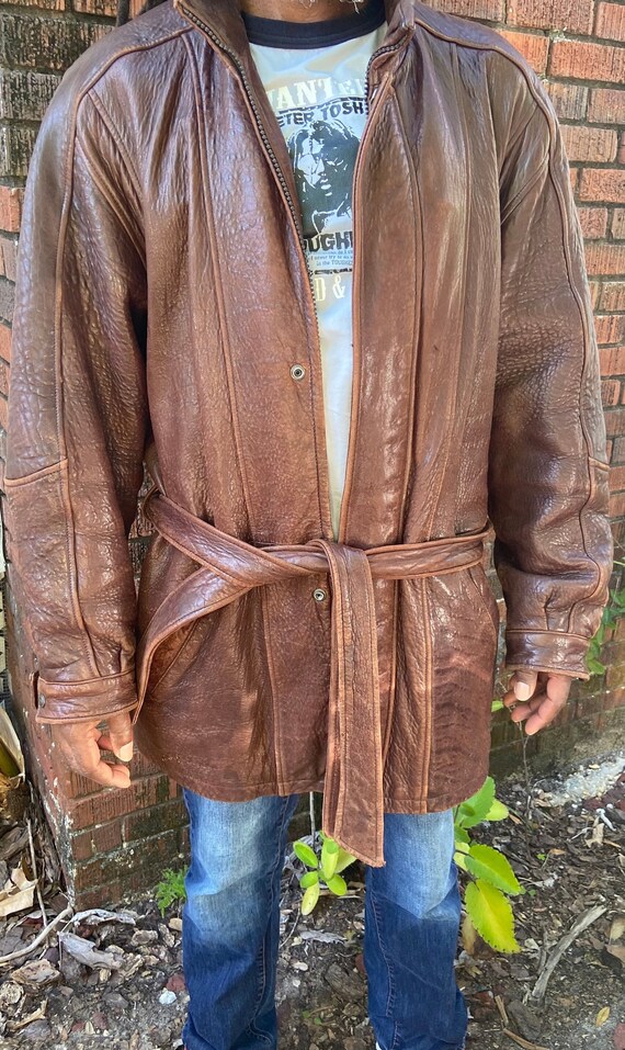 Espresso Brown Pelle Studio Distressed Belted Leather Coat