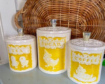 Vintage White Yellow Canister Set With Chickens Treasure Craft