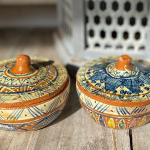 pair of mexican pottery bowls  crocks with lids