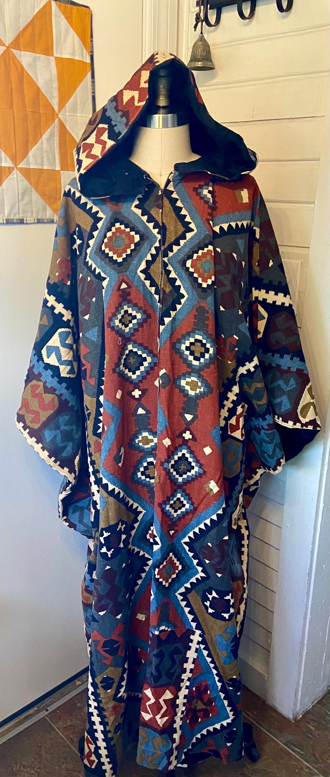One of a Kind Large 1970s Vintage Hooded Robe Black Grey Rust ...