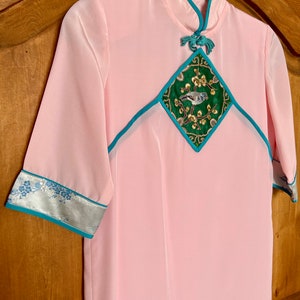 Vintage asian Cheongsam style dress light pink and blue with bird
