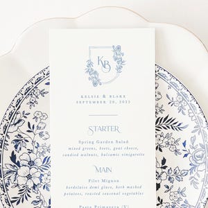 Floral Monogram Wedding Menu Cards: Elegant French Blue Table Decor