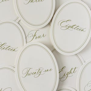 May include: A collection of oval-shaped white paper cards featuring a thin olive green double-line border. Each card displays a unique number written in elegant olive green cursive script, including words such as Three, Four, Eighteen, and Twenty-one.