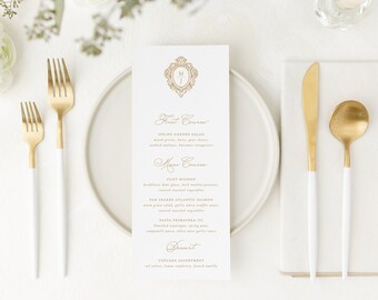 Gold Foil Wedding Menus, Black Tie Wedding Reception Menu, Traditional Wedding Crest