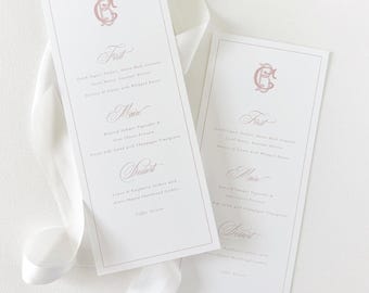 Monogram Wedding Menu: Elegant Blush Pink Reception Dinner Card