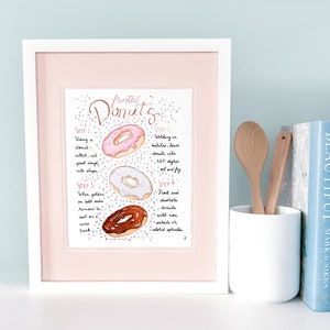 Donut Recipe Illustration, Food Art Print, Ready to Frame, Donut Gifts, Donut Party, Donut Wall Art, Pink Decor, Frosted Donut Sprinkles