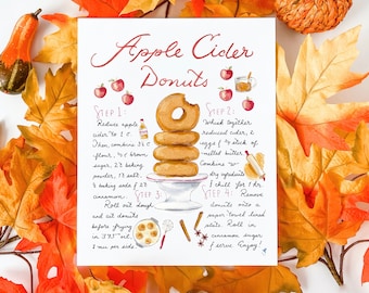 Apple Cider Donut Recipe Art Print: Autumn Kitchen Decor