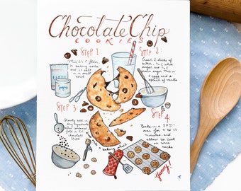 Chocolate Chip Cookie Recipe Art Print: Kitchen Bakery Decor