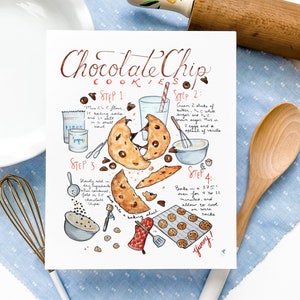 Chocolate Chip Cookies, Bakery Poster, Food Art, Chocolate Lover Gift Basket, Kitchen Wall Decor, Bakery Painting, Watercolor Cookie Print