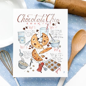 Chocolate Chip Cookie Recipe Art Print: Kitchen Bakery Decor
