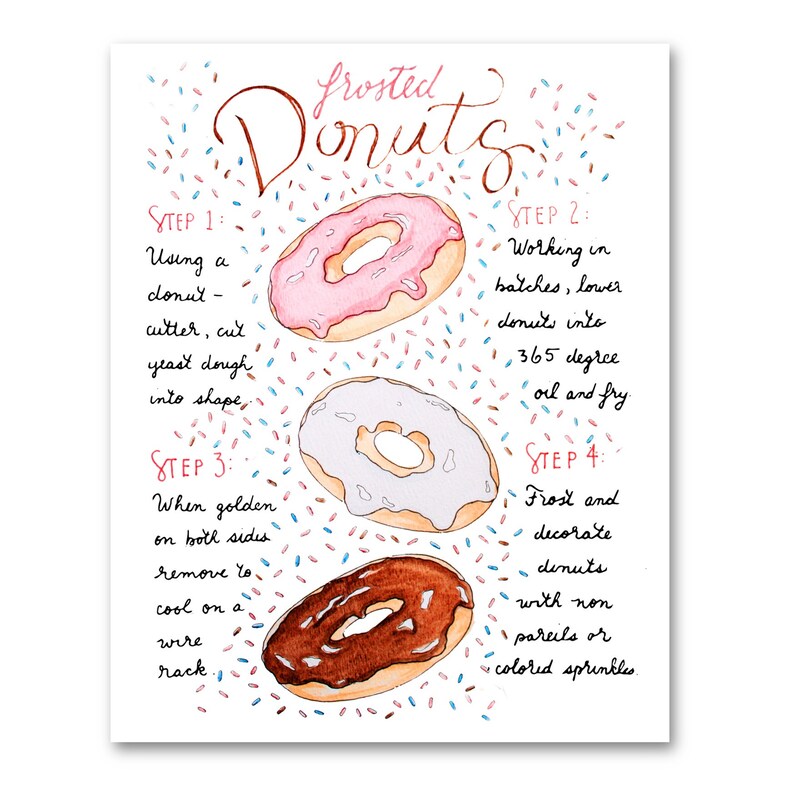 May include: A watercolor illustration of three frosted donuts with sprinkles. The image includes four steps for making frosted donuts: using a donut cutter, frying in 365 degree oil, cooling on a wire rack, and frosting and decorating with nonpareils or colored sprinkles.