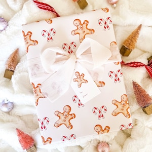 Gingerbread Cookie and Candy Cane Gift Wrap Sheets, Pink Holiday Wrapping Paper, Wrapping Paper Sheet, Christmas Gift Wrap,Present Packaging