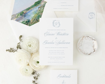 May include: A wedding invitation suite in a blue and white colour scheme. The invitation features a watercolour illustration of a landscape with a body of water. The text on the invitation reads "Together with their families, Elaine Winston & Charles Sullivan, Joyfully invite you to their wedding, Afternoon of the tenth of June, at five o'clock in the evening, Two thousand twenty three, The Inn at Barley Sheaf Farm, Bolton, Pennsylvania, Please the reception to follow."